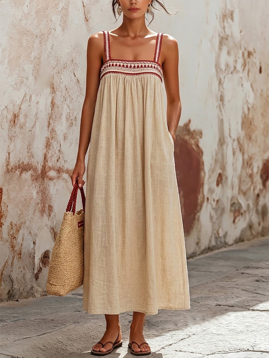 Geometric Embroidered Square Neck Sleeveless Linen-cotton Swing Dress