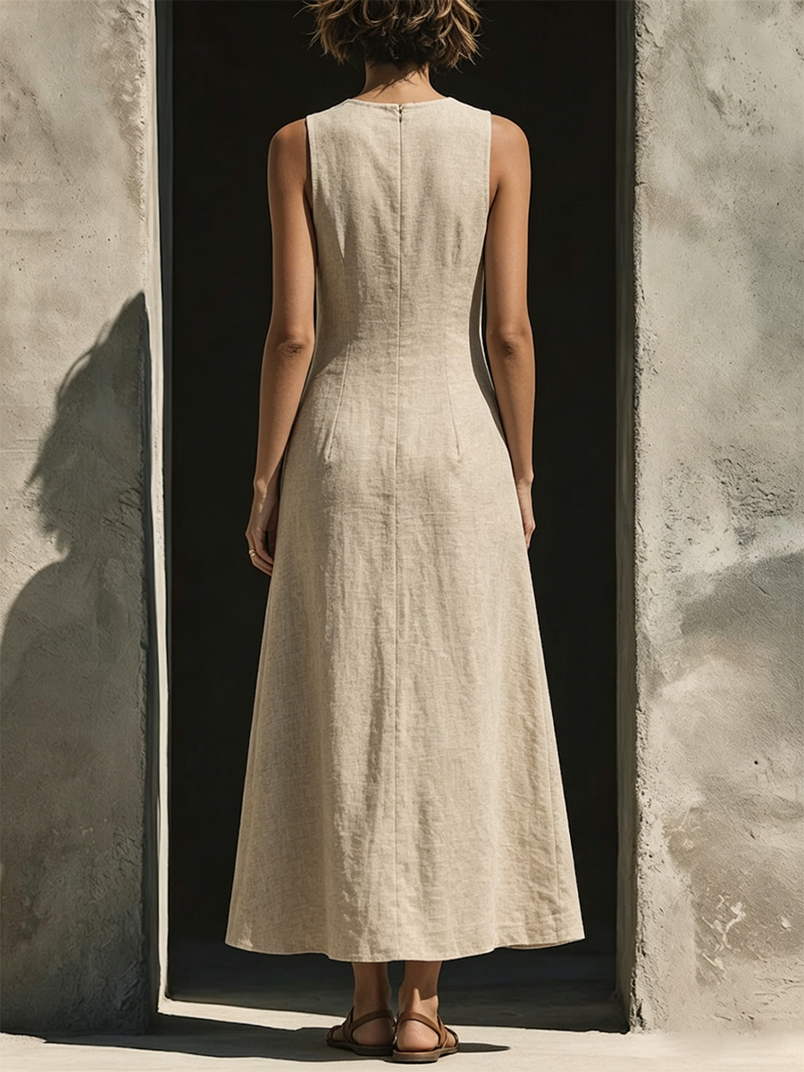 Sleeveless A-line Cotton-linen Maxi Dress With Square Keyhole Neckline