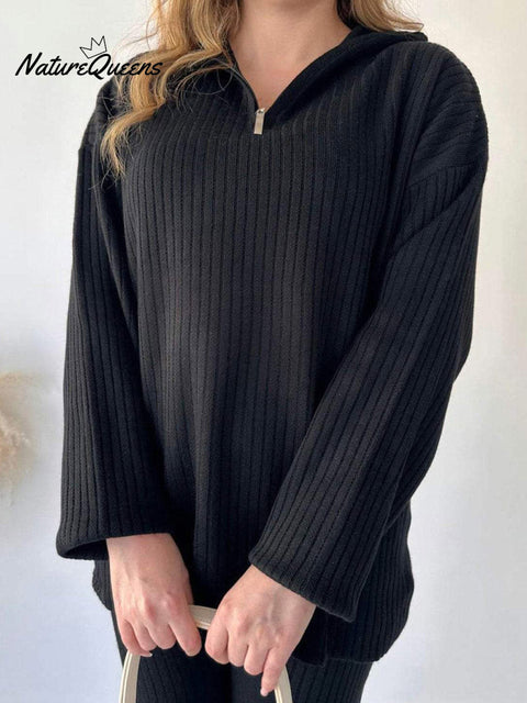 Women's Striped Solid Color Zipper Casual Knit Suit