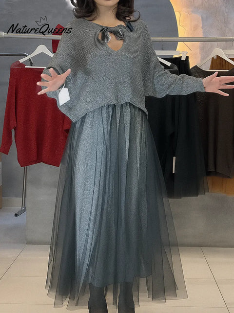 Women's Solid Color V-Neck Tie-Waist Sequined Long-Sleeve Casual Knit Top Set with Elastic Waist A-Line Mesh Skirt