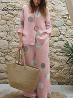 Artistic Polka Dot Print Linen Shirt And Pants Two-piece Set