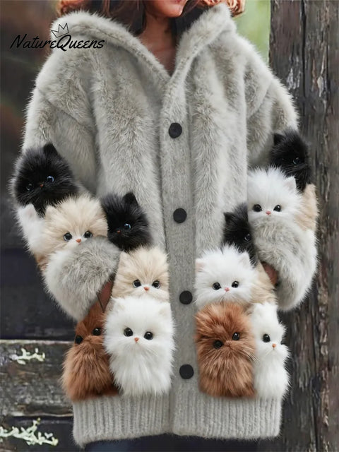 Women's Funny Cats Pattern Art Print Casual Fleece Coat