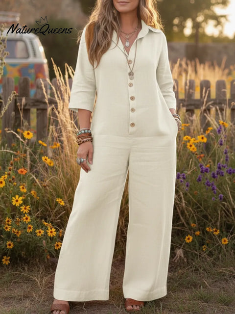 Women's Cozy Loose Collar Button-up Linen Jumpsuit