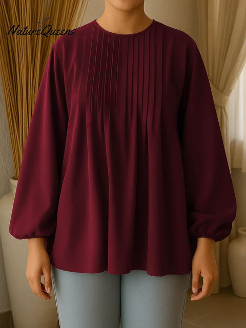 Women's Solid Color Round Neck Long Sleeve Casual Loose Pleated Top Coffee