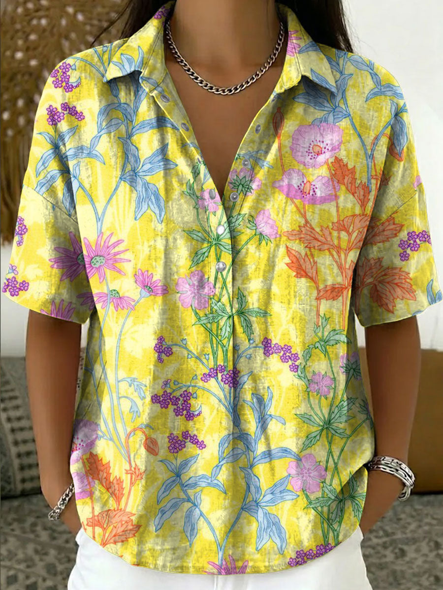 Women's Vintage Botanical Floral Casual Polo Collar Short-sleeved Linen And Cotton Shirt