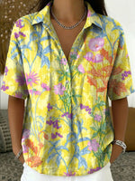 Women's Vintage Botanical Floral Casual Polo Collar Short-sleeved Linen And Cotton Shirt