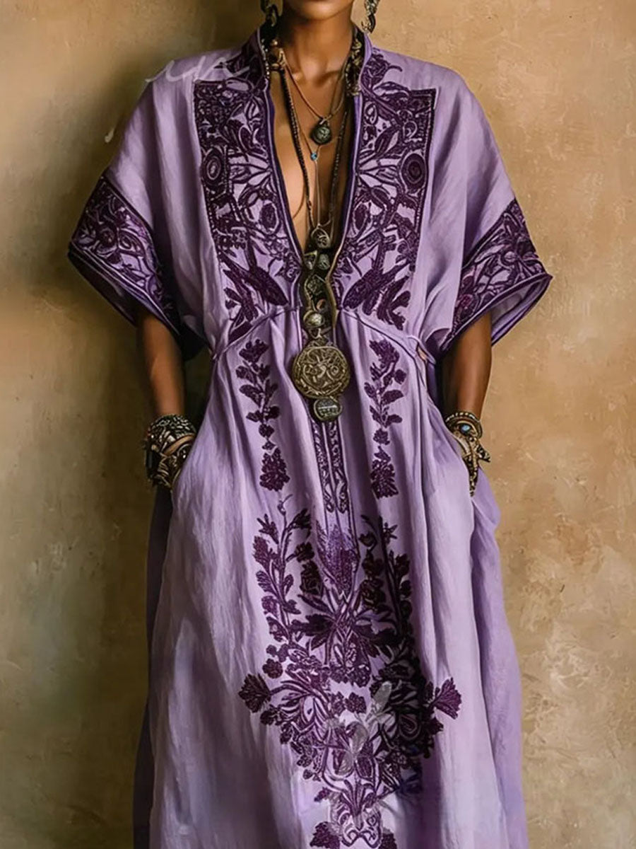 Women's Long Cotton-linen Dress With Embroidered Pattern Print