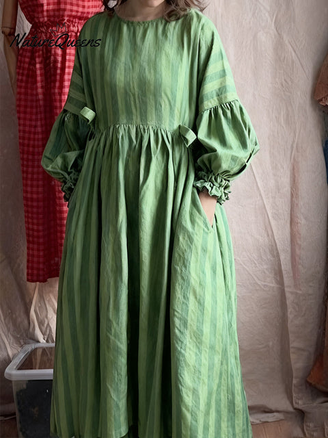 Women's Cotton And Linen Plaid Lantern Sleeve Dress