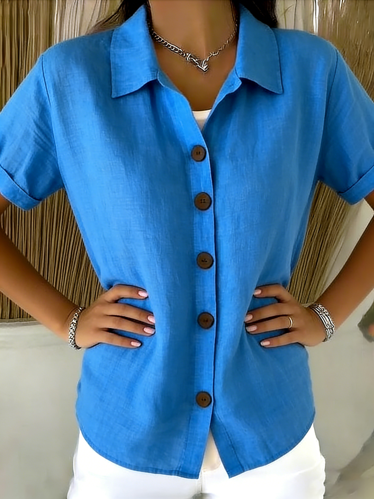 Casual Cozy Basic Button-up Linen-cotton Short-sleeved Shirt