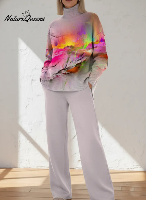 Retro Colorful Abstract Art Casual High-neck Top And Straight-leg Pants Set