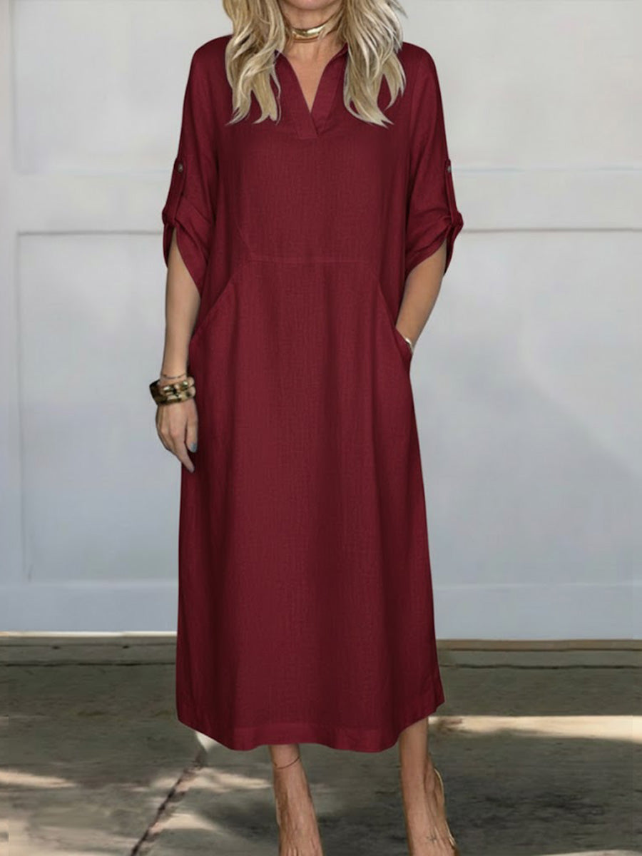 Women's Solid Color Lapel Long-sleeved Casual Loose Linen Dress