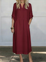 Women's Solid Color Lapel Long-sleeved Casual Loose Linen Dress