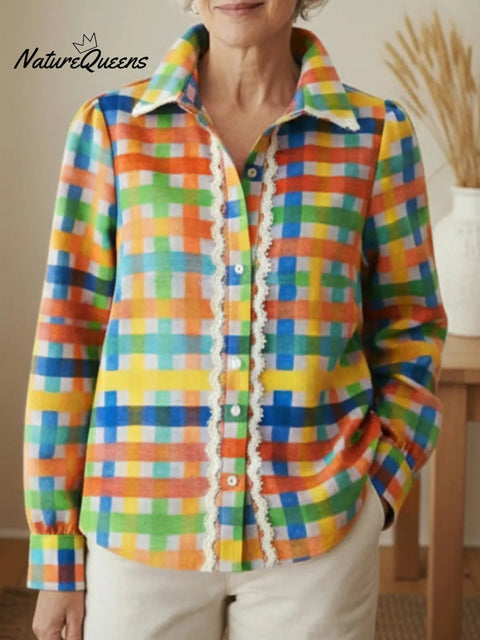 Palette Artistic Plaid Print Lace Patchwork Shirt