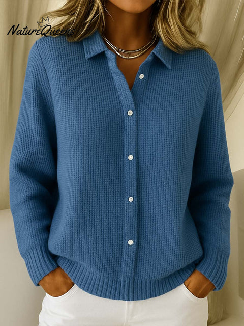 Women's Solid Color Shirt Collar Long Sleeve Waffle Knit Cardigan