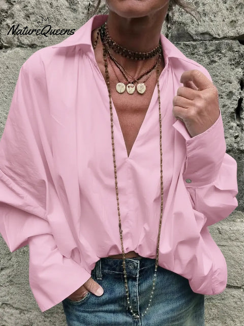 Women's Casual V-neck Long-sleeved Cotton Shirt