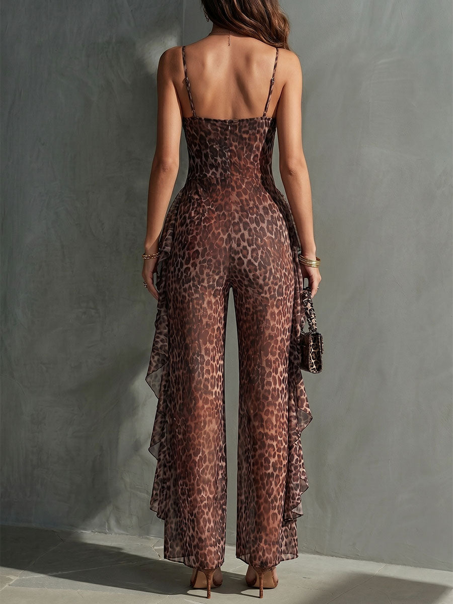 Sensual Leopard-print V-neck Spaghetti-strap Jumpsuit