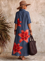 Casual Artistic Lily-print Cotton Polo Dress