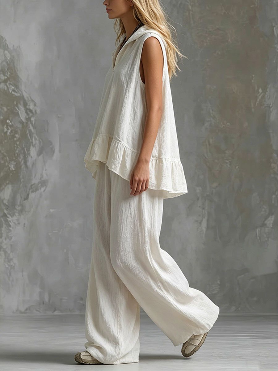 Women's Pullover Hooded Sleeveless Top & Wide-leg Pants Two-piece Set