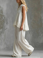 Women's Pullover Hooded Sleeveless Top & Wide-leg Pants Two-piece Set