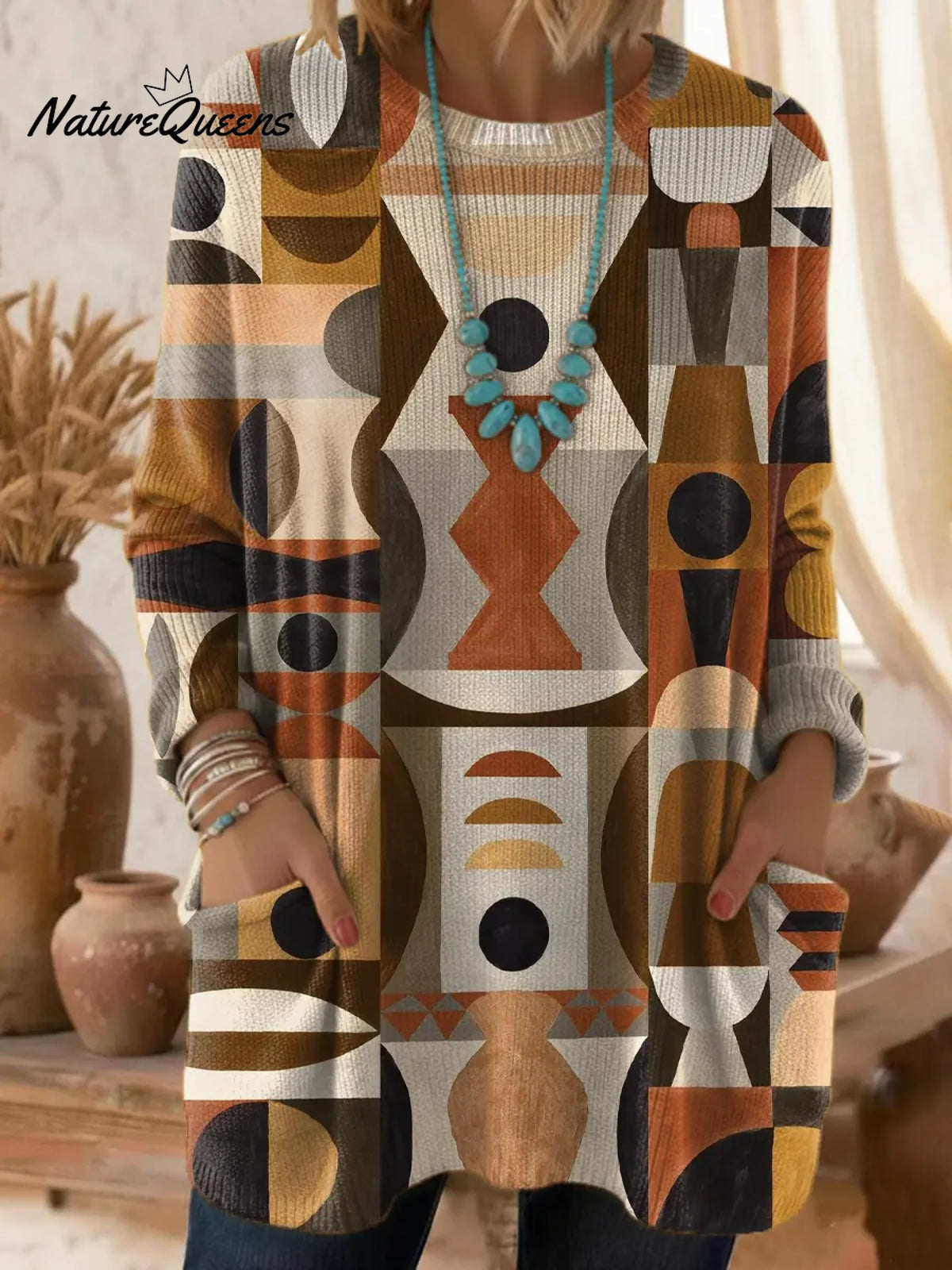 Women's Geometric Pattern Art Print Casual Cotton Knitted Sweater