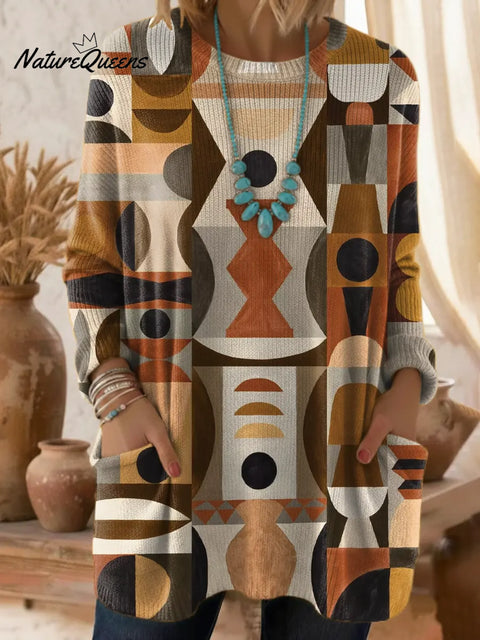 Women's Geometric Pattern Art Print Casual Cotton Knitted Sweater