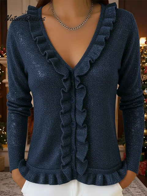 Women's Christmas Comfortable V-neck Ruffle Cardigan Sweater