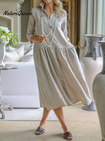 Women's Solid Color Lapel Long-sleeved Casual Loose Cotton And Linen Shirt Dress
