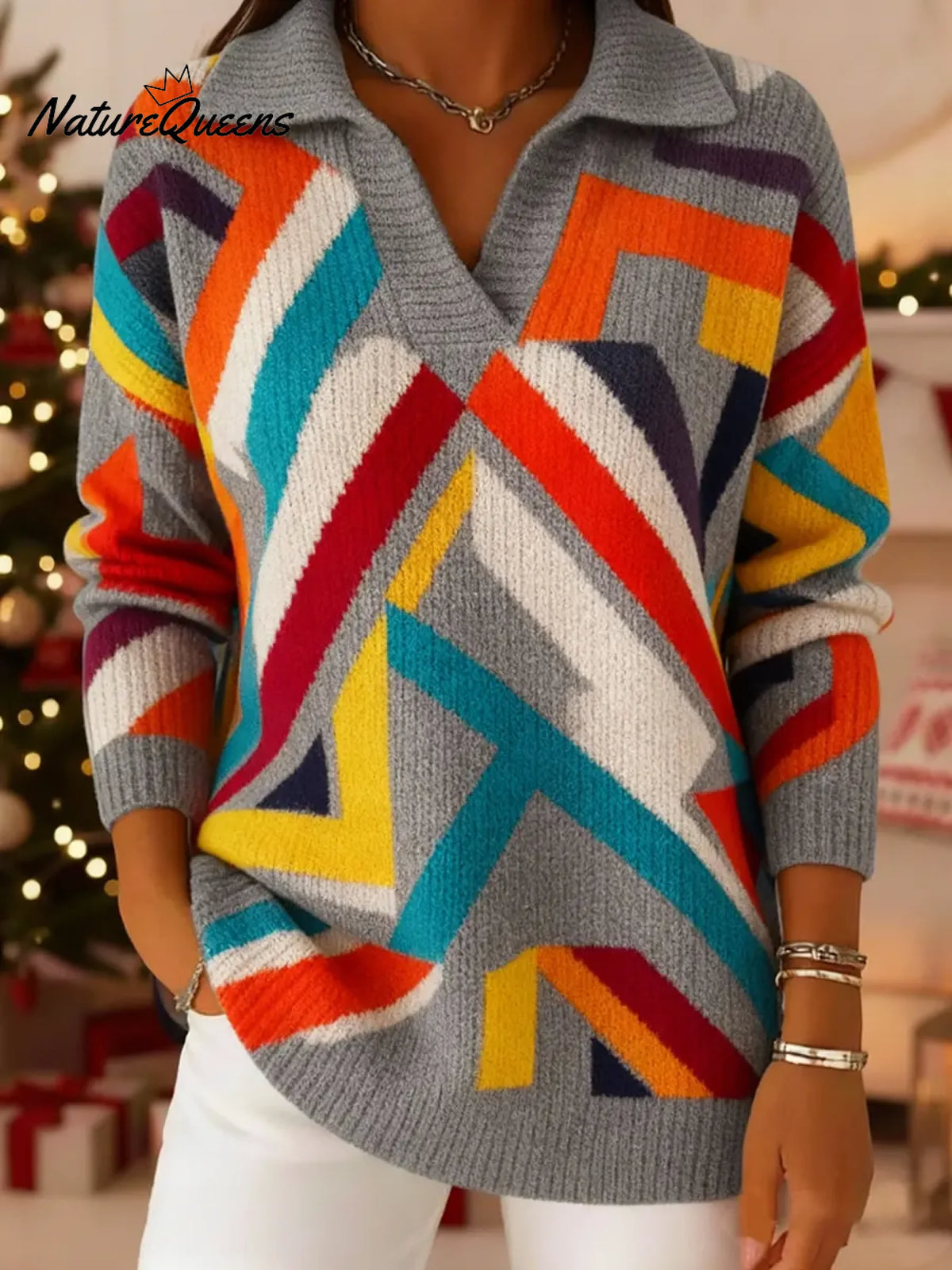 Women's VintageGeometric Lines Art Print Casual Sweater