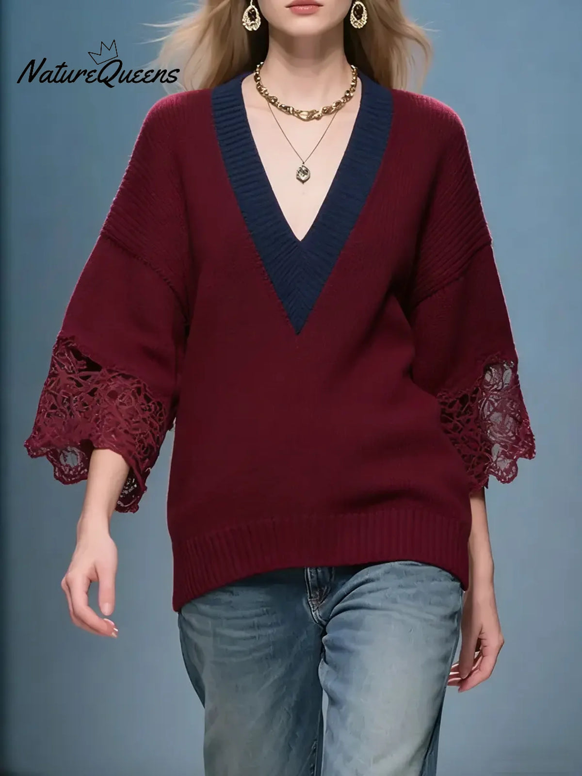 Women's Color-block V-neck Three-quarter Sleeve Loose-fitting Casual Knitted Sweater