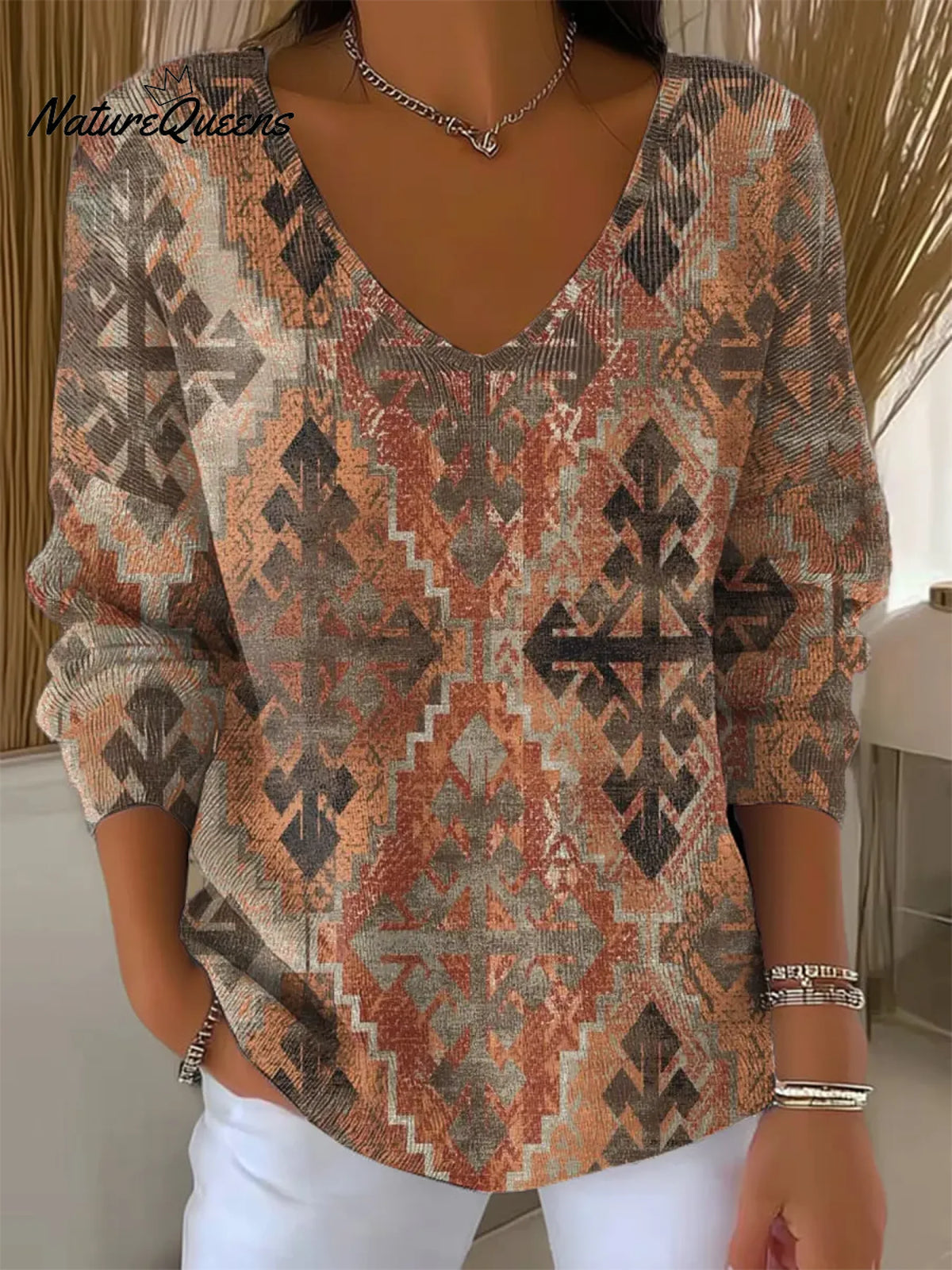 Women's Vintage Geometry Art Print V-neckLooseSweater