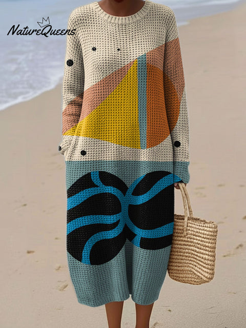 Women's Color Block Abstract Pattern Casual Round Collar Long Sleeve Dress