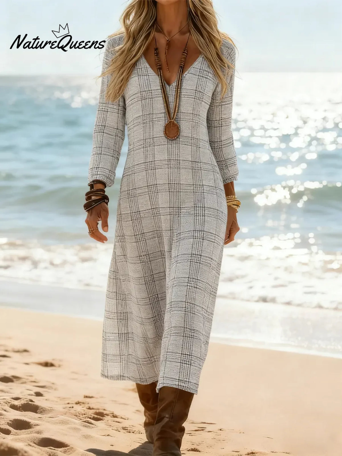 Women's Plaid Pattern Art Print Casual Cotton Dress