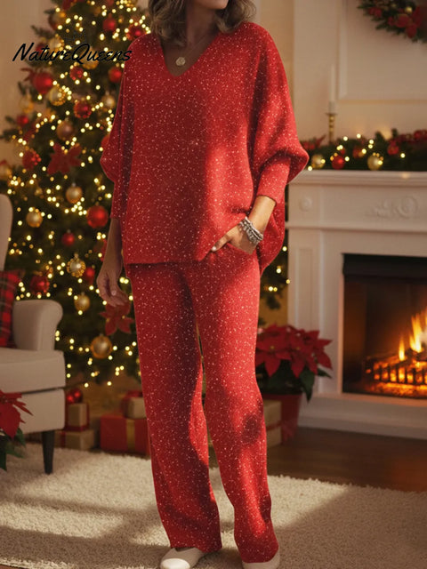 Christmas Sparkling V-neck Knit Top And Pants Two-piece Set