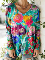 Women's Lovely Floral Flowers Pattern Art Print V-neck Casual Cotton T-shirt