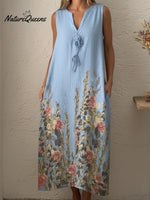Casual Artistic Bouquet Print Linen Dress