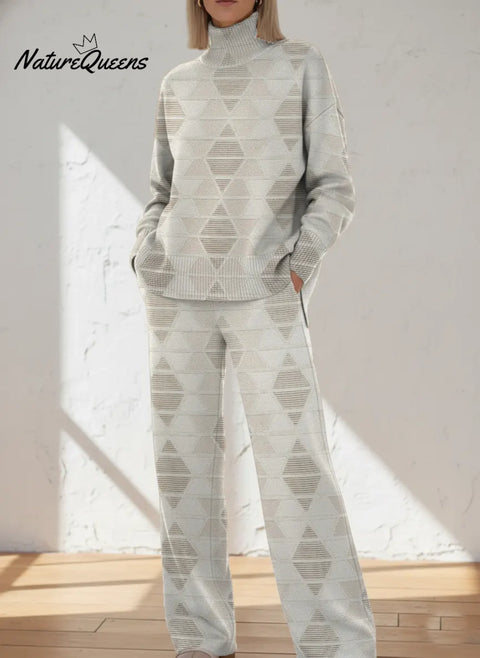 Simple Diamond Pattern Printed Casual High-neck Top And Straight-leg Pants Set