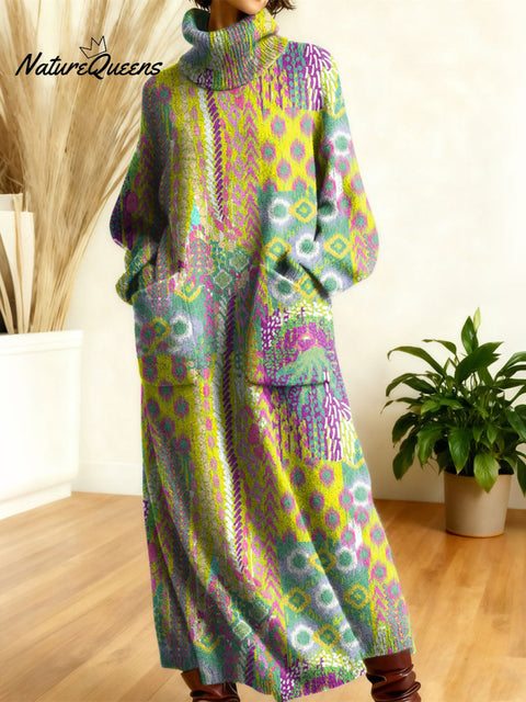 Women's Retro Floral Flowers High-neck Long-sleeve Casual Loose Knit Dress