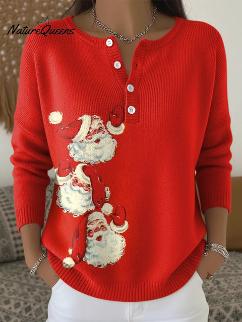 Christmas Red Santa Claus Print Buttoned Cardigan Sweater