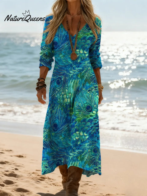 Women's Peacock Feather Pattern Art Print Casual Cotton Dress