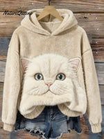 Women's Funny Cat Art Print Casual Velvet Hooded Sweatshirt