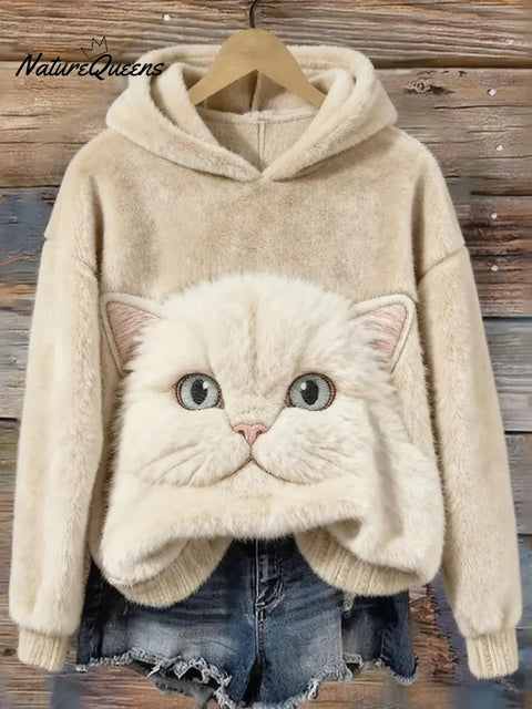 Women's Funny Cat Art Print Casual Velvet Hooded Sweatshirt