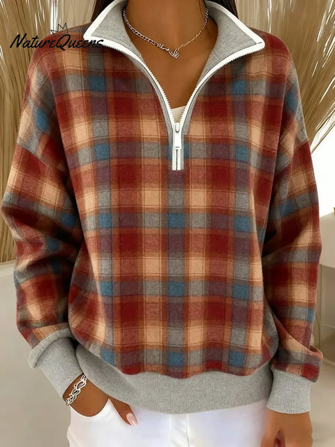 Women's Plaid Pattern Art Print Casual Cotton Zip Sweatshirt