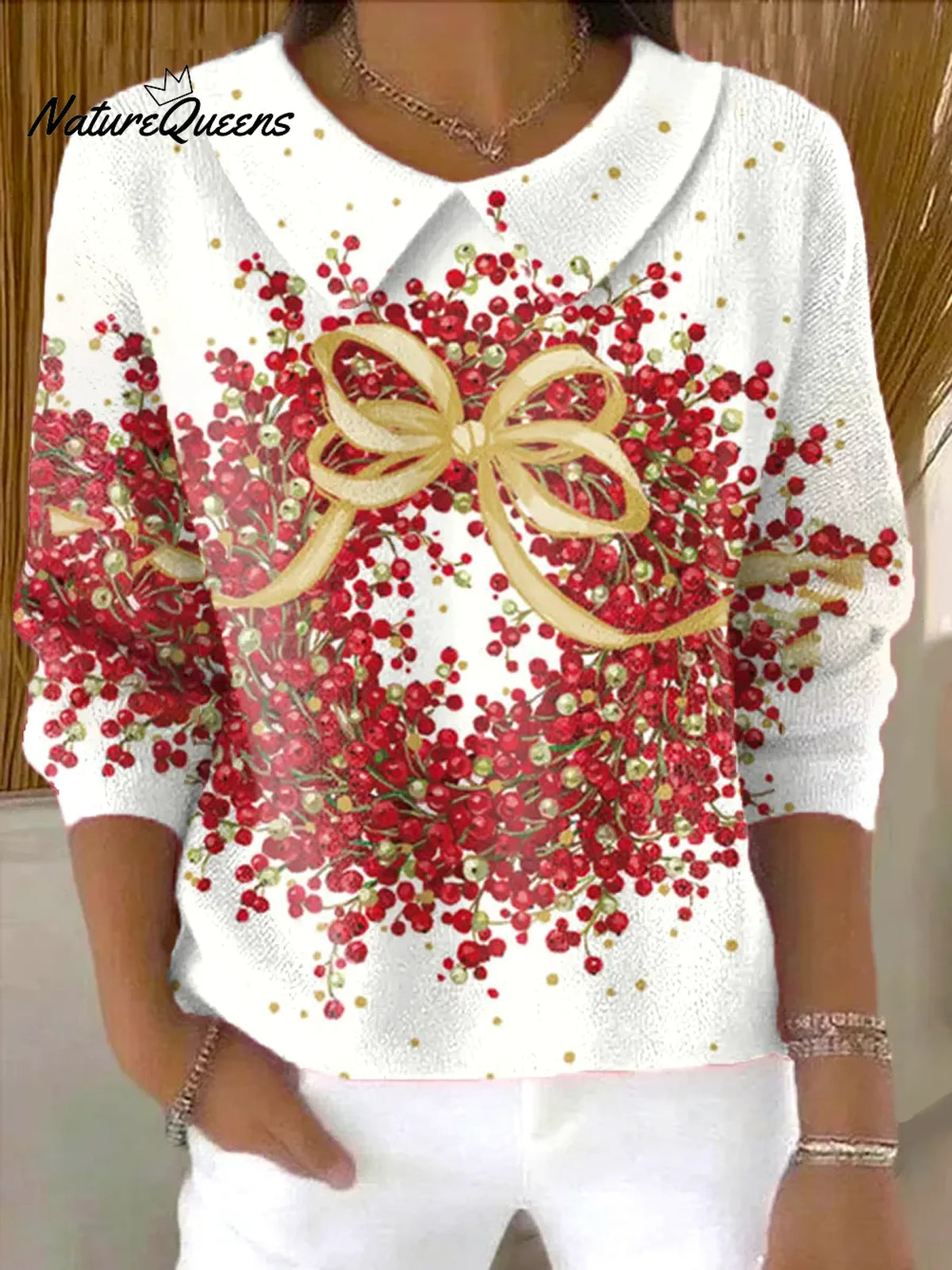 Women's Christmas WreathPrint Casual Peter Pan Collar 3/4 Sleeve Sweater