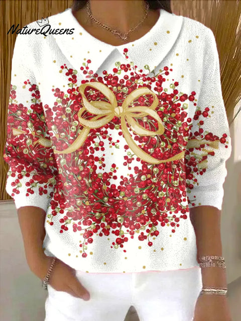 Women's Christmas Wreath  Print Casual Peter Pan Collar 3/4 Sleeve Sweater