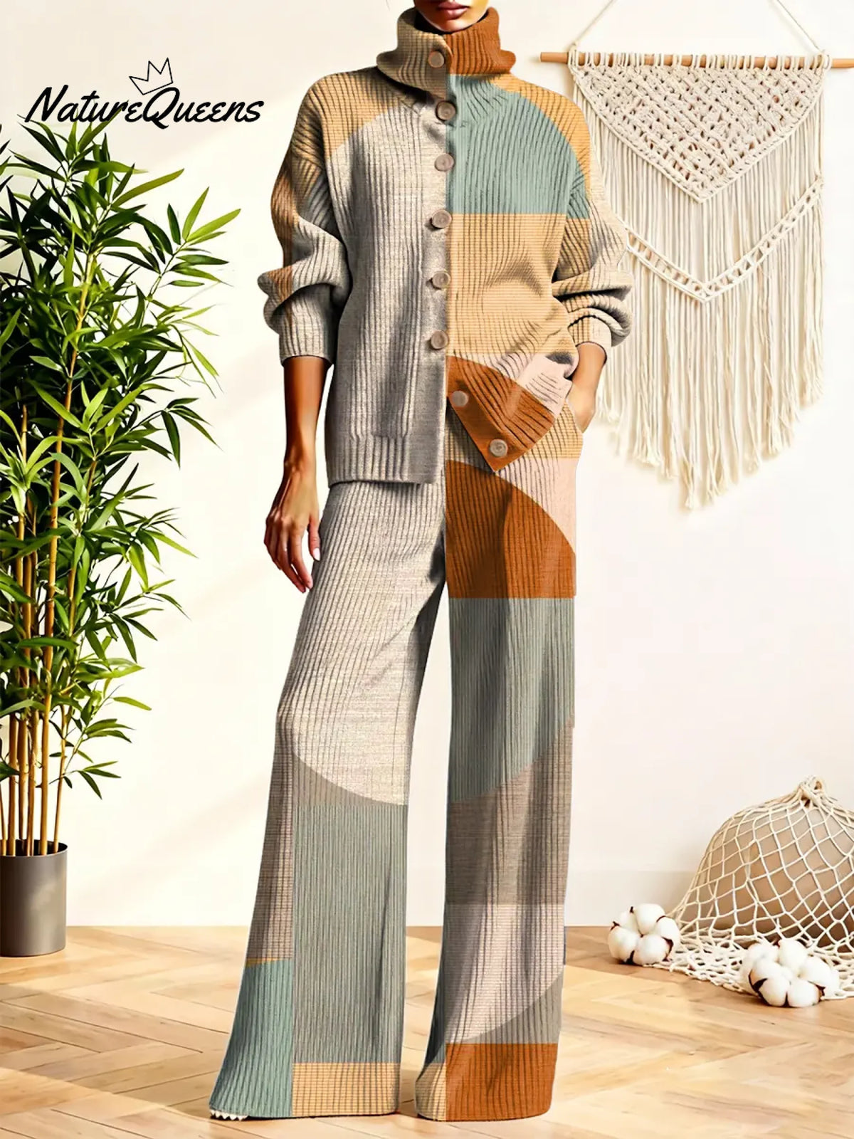 Women's Geometric Pattern Art Print Casual Cotton Knitted Suits