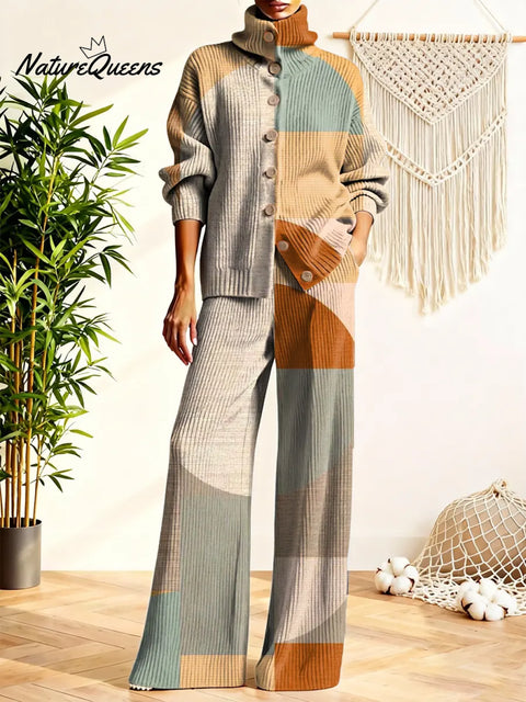 Women's Geometric Pattern Art Print Casual Cotton Knitted Suits