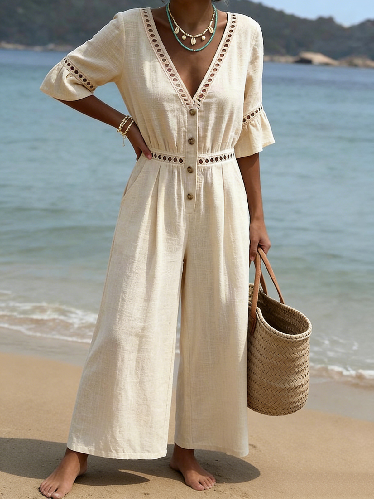 Casual Openwork Lace Loose-fit Wide-leg Cotton-linen Jumpsui