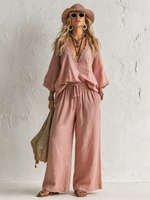 Boho Lace Trim V-neck Top With Wide-leg Pants Two-piece Set