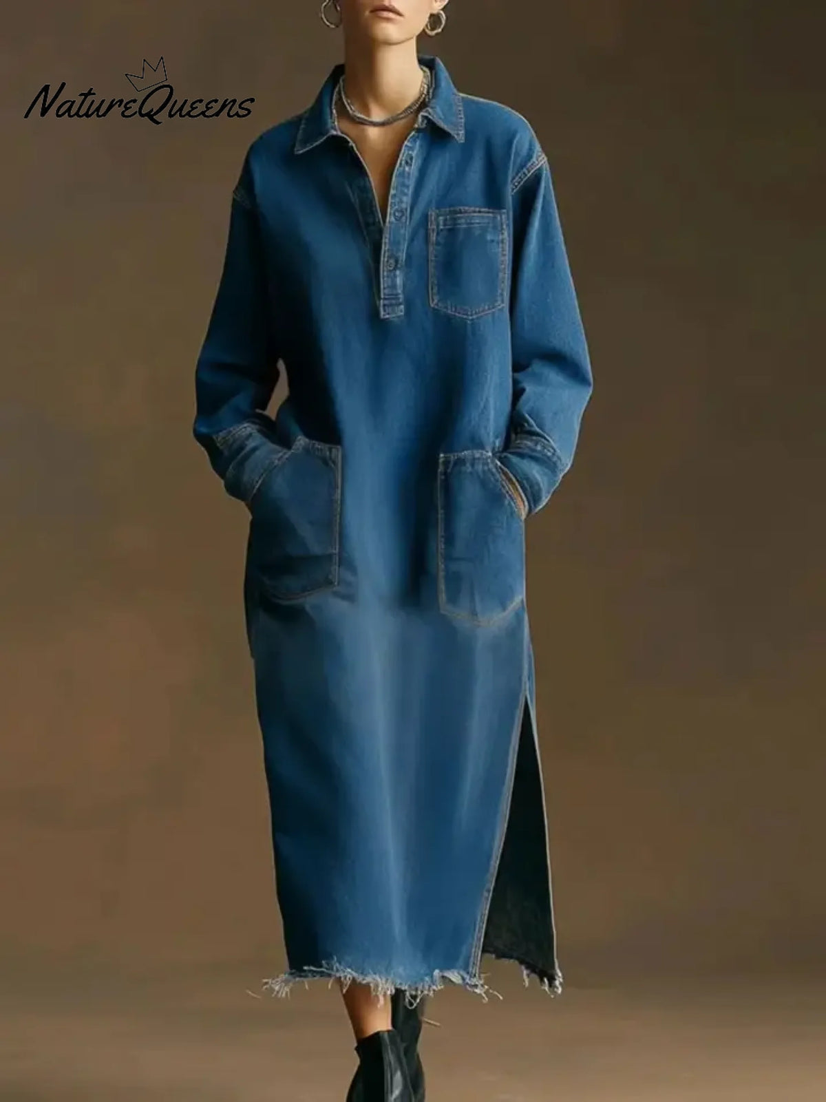 Women's Cardigan Collar Long Sleeve Casual Loose Denim Dress