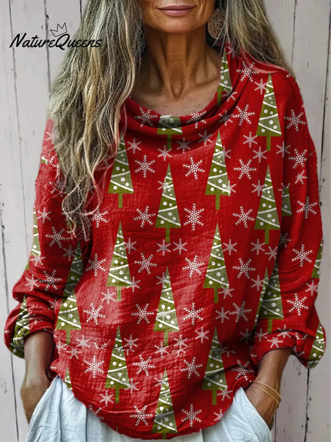 Women's Retro Christmas Tree Art Print Cotton Casual   Shirt